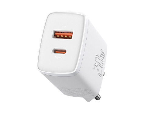 Cargador rapido Baseus 20W con puertos USB-C y USB-A, Carga rápida, Compatible con OnePlus, Realme, Oppo, Color blanco
