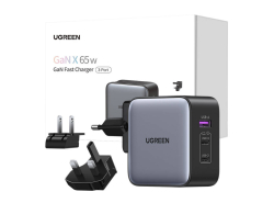 UGREEN Nexode Netzladegerät, 65W GaN, 2x USB-C, USB, mit austauschbarem EU/US/UK-Stecker, Ideales Reiseladegerät
